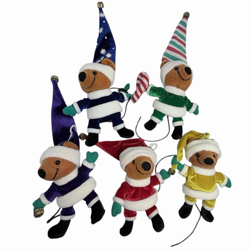 Set of 5 Christmas Elf Bear Ornaments Plush Holiday Decor 6 In Stockings